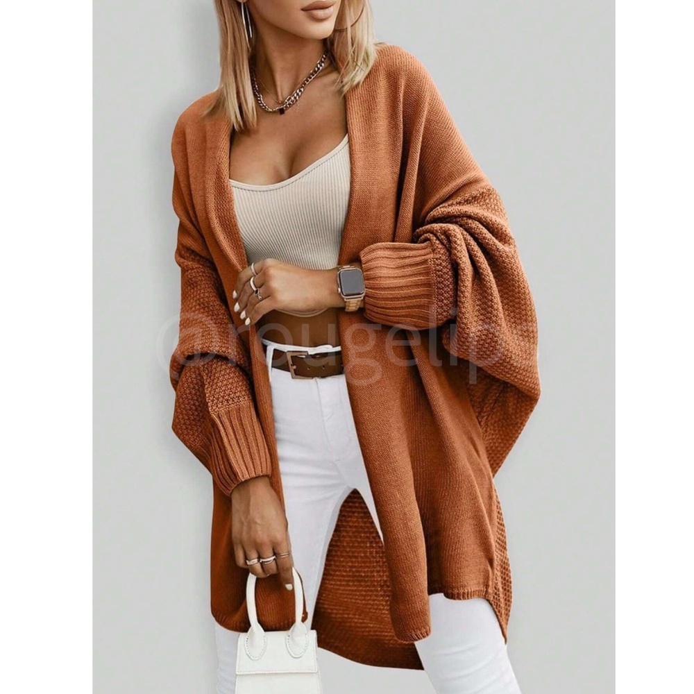 Rust Brown Open Cardigan Knit Long Batwing Sleeve